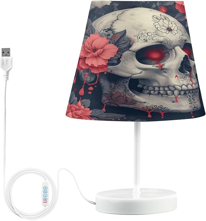 ALAZA Sugar Skull Flower Sylish Retro Decor Bedside Table Lamp with USB Port 3 Color Temperatures LED Desk Lamp for Bedroom Office M - sugar skull table lamp