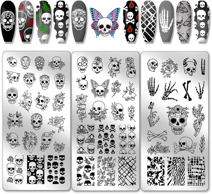 PH PandaHall 3pcs Gothic Skull Nail Stamper, 58 Patterns Horror Skeleton Flower Nail Stamping Plate Nail Art Stencils Stainless Steel Nail Image Plates for Nail Design Print Manicure Salon Halloween - sugar skull nail art