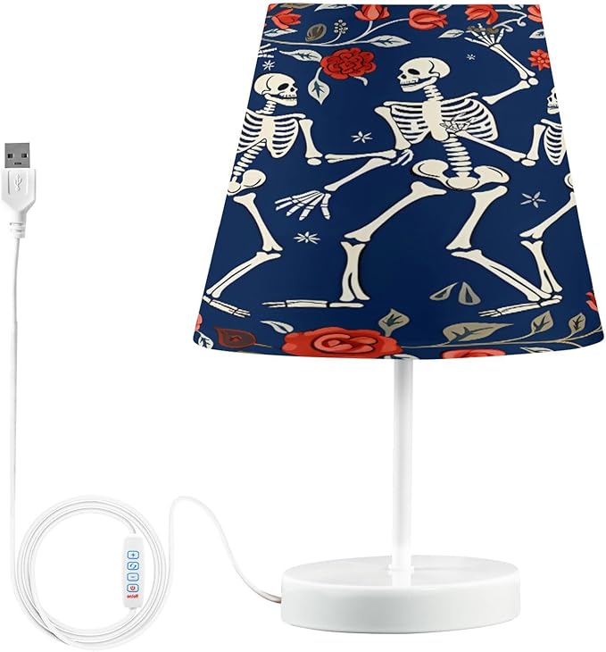 ALAZA Sugar Skull Skeleton Rose Flower Decor Bedside Table Lamp with USB Port 3 Color Temperatures LED Desk Lamp for Bedroom Office M - sugar skull table lamp