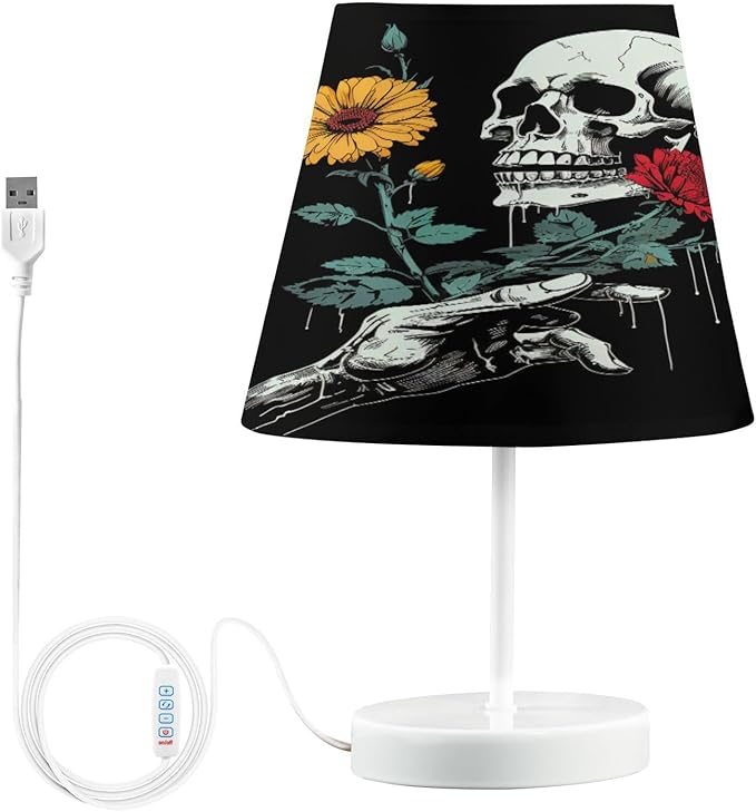 ALAZA Sugar Skull Daisy Flower Black Hand Decor Bedside Table Lamp with USB Port 3 Color Temperatures LED Desk Lamp for Bedroom Office M - sugar skull table lamp