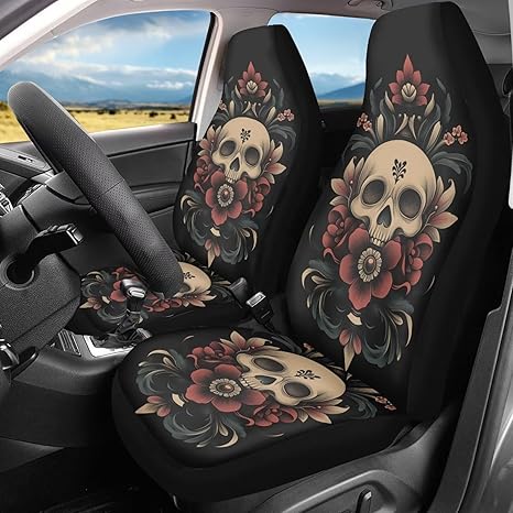 Ystardream Skull Car Seat Covers Set of 2 Rose Universal Auto Front Seat Protector Vehicle Seat Cushion Cover for Women Cute Floral Pattern Car Accessories Fit for Car Truck - sugar skull car seat covers set
