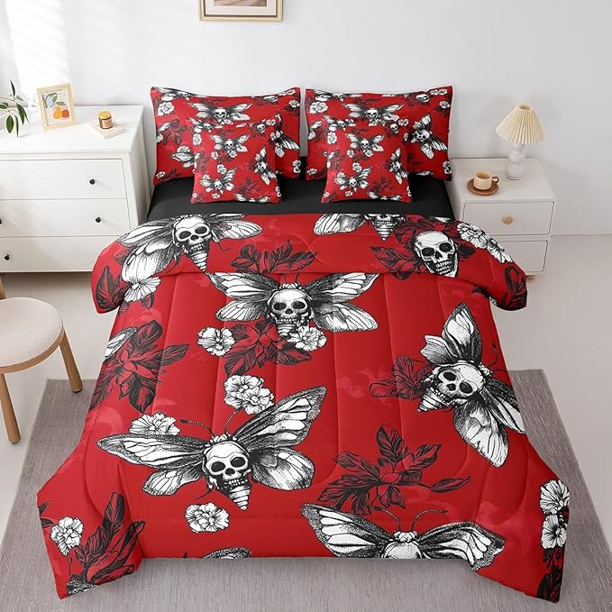 Erosebridal Sugar Skull Bedding Set Twin Size,Horror Moth Butterfly Comforter Set for Kids Teens,Floral Gothic Skeleton Bed in a Bag(Comforter,Sheets,Pillowcases & Cushion Covers) 7 Pieces Bed Set - sugar skull bedding set
