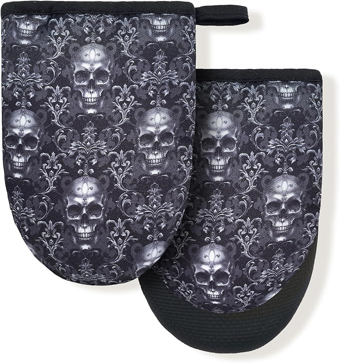 Black Gothic Skull Goth Skeleton Flower Mini Silicone Oven Mitts, Heat Slip Resistant Kitchen Gloves 2-Pack Set, Soft Short Small Oven Mittens Pot Holders for Baking Grilling Barbecue Microwave Gift - sugar skull oven mitts