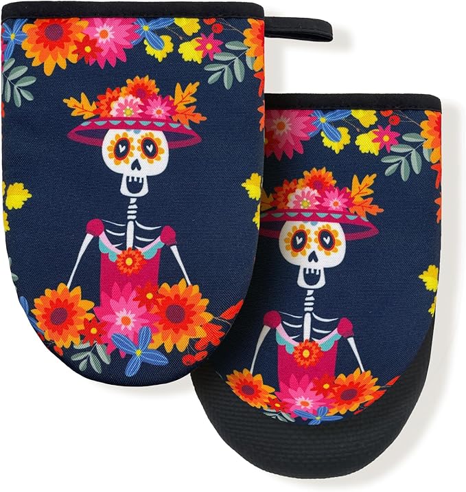 Dia De Los Muertos Mexican Day Skull Mini Silicone Oven Mitts, Heat Slip Resistant Kitchen Gloves 2-Pack Set, Soft Short Small Oven Mittens Pot Holders for Baking Grilling Barbecue Microwave Gift - sugar skull oven mitts