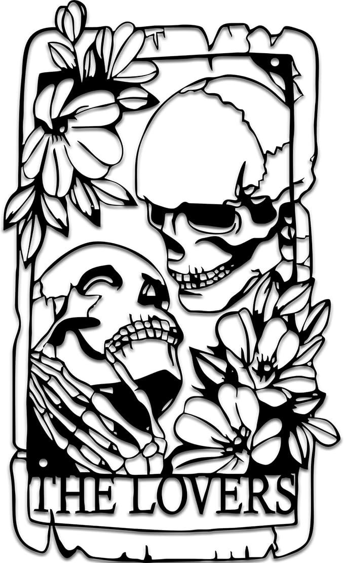 Metal Wall Gothic Room Decor Lovers Skulls Indoor Outdoor Decor, Skull Wall Decor Gothic Home Decor Romantic Metal Wall Art For Patio, Balcony, Living Room, Garden Fence - sugar skull canvas wall art