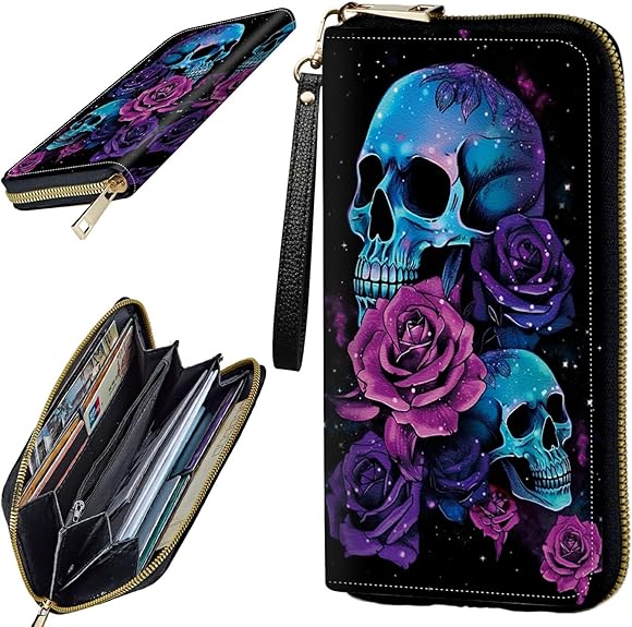 Women's Clutch Purse with Wrist Strap, Slim PU Leather Cell Phone Wallet Large Capacity - sugar skull wallets for women