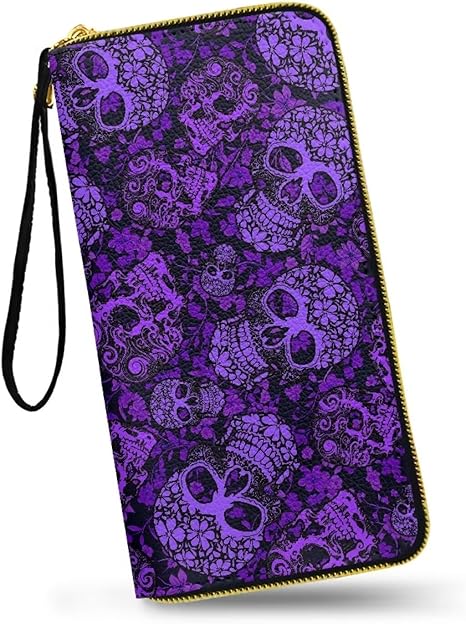 Purple Skulls Floral Zipper Wallet Mexican Style Long PU Leather Credit Card Wallets for Women, Day Of The Dead Sugar Skull Clutch Purse with Zipper Coin Pocket - sugar skull wallets for women