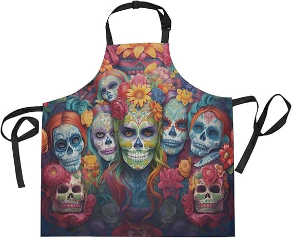 ALAZA Sugar Skulls Day Of Dead Apron with 2 Pockets for Women Men Adjustable Garden Bib - sugar skull apron for women