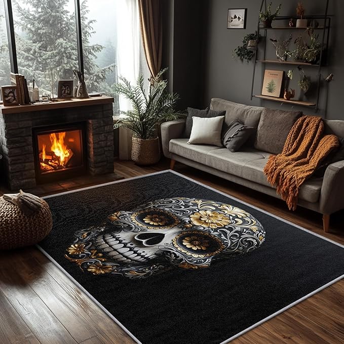 Sugar Skull Rugs for Bedroom - 2x3 Rug - Sugar Skull Rug - Gothic Floral Skeleton Area Rug - Mexican Day of The Dead Rugs - Dia De Los Muertos Carpet - Sugar Skull Home Decor - sugar skull area rug