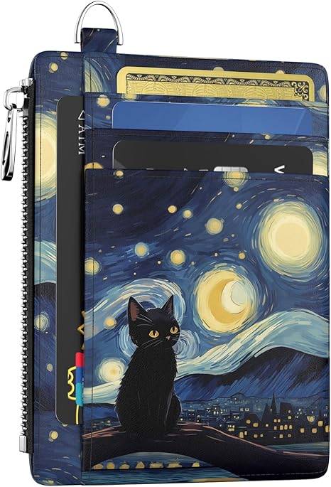 Slim Wallet Women Credit Card Holder Black Cat Starry Night RFID Small Mini Card Case Front Pocket PU Leather Thin Travel Zipper Coin Cash ID Window Girls Wallet Gifts - sugar skull wallets for women