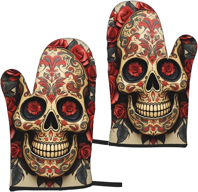 Oven Mitts Set of 2 Heat Resistant Oven Glove for Cooking Red Rose Sugar Skull Oven Mitt Non-Slip Oven Gloves for Kitchen Grilling Microwave Baking BBQ - sugar skull oven mitts