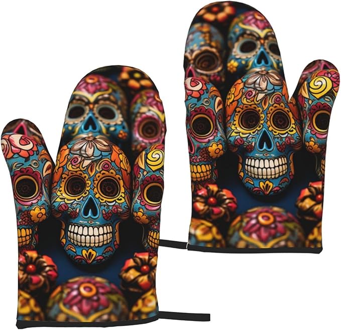 Oven Mitts Set of 2 Heat Resistant Oven Glove for Cooking Colorful Sugar Skulls Oven Mitt Non-Slip Oven Gloves for Kitchen Grilling Microwave Baking BBQ - sugar skull oven mitts