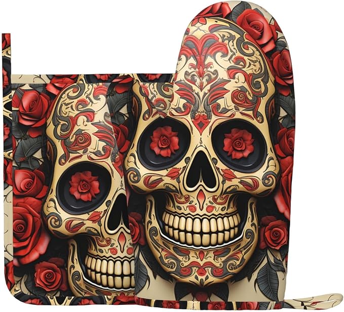 Oven Mitts and Pot Holders 2 pcs Heat Resistant Oven Glove Red Rose Sugar Skull Oven Mitt Non-Slip Oven Gloves for Cooking Kitchen Hot Pads for Grilling Microwave Baking BBQ - sugar skull oven mitts