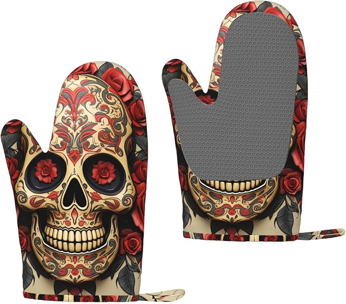 Oven Mitts Set of 2 Silicone Oven Glove for Cooking Red Rose Sugar Skull Oven Mitt Heat Resistant Non-Slip Oven Gloves for Kitchen Grilling Microwave Baking BBQ - sugar skull oven mitts