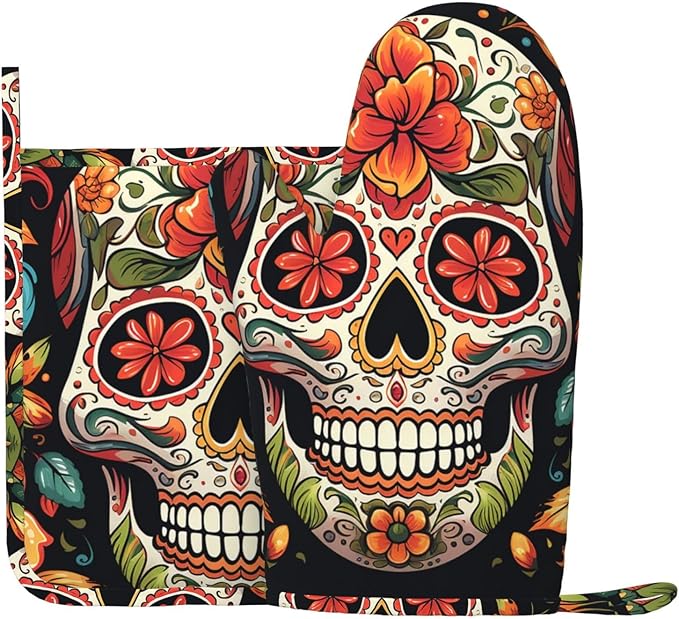 Oven Mitts and Pot Holders 2 pcs Heat Resistant Oven Glove Colorful Sugar Skull Oven Mitt Non-Slip Oven Gloves for Cooking Kitchen Hot Pads for Grilling Microwave Baking BBQ - sugar skull oven mitts