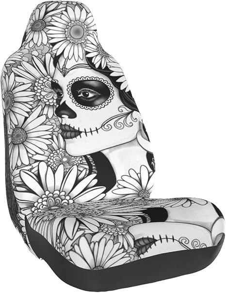 VOSERY Car Seat Covers, Automotive Seat Covers for Cars, SUVs and Trucks, Car Accessories for Women Men, Floral Sugar Skull Portrait Car Seat Covers Front Seats, Car Seat Protector - sugar skull car seat covers set
