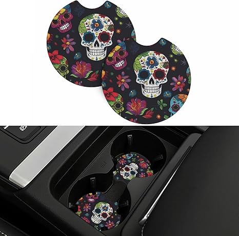 Car Coasters 2 Pack Flower Cactus Sugar Skull Car Cup Holder Pads Non-Slip Drink Coasters Rubber Car Cup Mat Absorbent Insert Cup Pads Universal Car Interior Accessories for Most Vehicle - sugar skull car floor mats