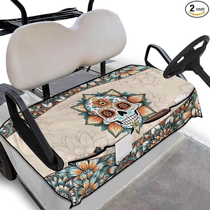Suobstales Golf Cart Seat Covers Breathable Golf Cart Seat Blanket Towel for Club Car EZGO TXT RXV Golf Carts with 4 Pockets - sugar skull car seat covers set