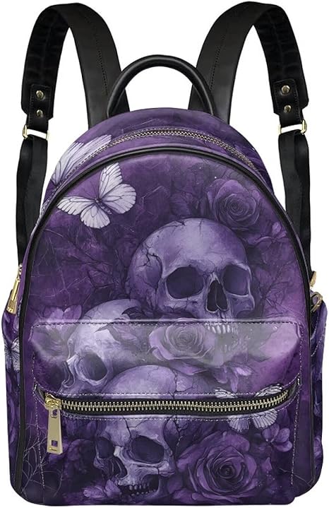 Purple Skull Backpack Purse for Women, PU Leather Travel Mini Backpack, Shoulder Bag with Front Zipper Pocket Waterproof College School Daypack - best sugar skull backpack