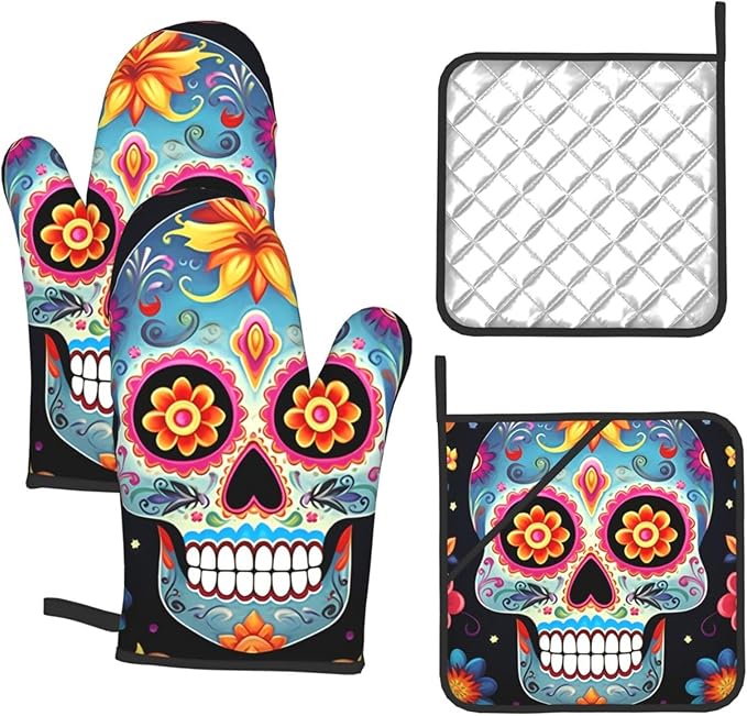 Oven Mitts and Pot Holders Set of 4 Heat Resistant Oven Gloves Non Slip Potholders Sugar Skulls Oven Mitts BBQ Gloves Hot Pads Washable Kitchen Gloves for Cooking Baking Grilling - sugar skull oven mitts