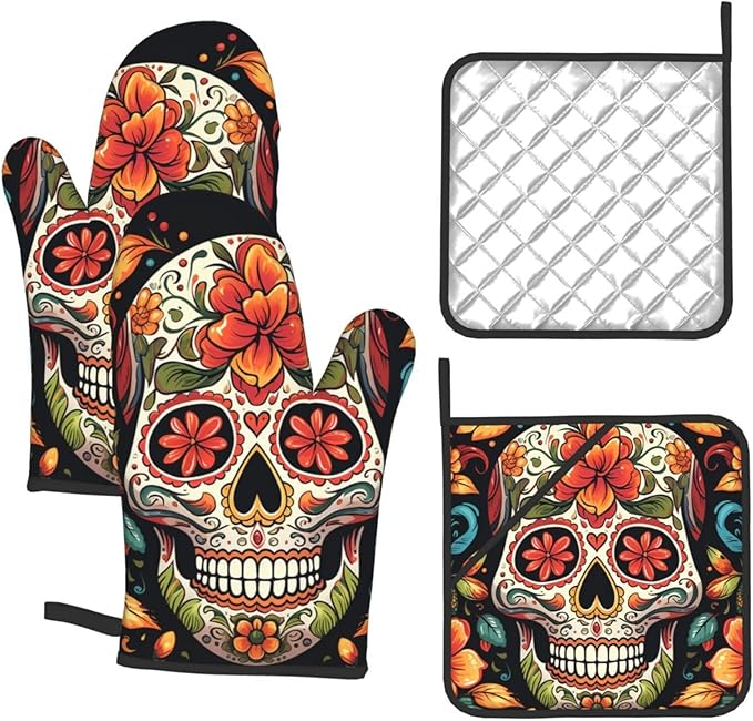 Oven Mitts and Pot Holders 4 pcs Non-Slip Oven Glove Colorful Sugar Skull Oven Mitt Heat Resistant Oven Gloves for Cooking BBQ Kitchen Hot Pads for Microwave - sugar skull oven mitts