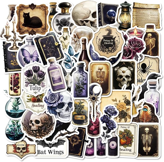 50Pcs Gothic Stickers Pack, Vintage Skull Stickers for Water Bottle Laptop Scrapbook Journaling Skateboard, Waterproof Vinyl Graffiti Punk Spooky Decals - sugar skull vinyl sticker