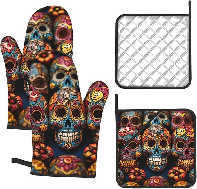 Oven Mitts and Pot Holders 4 pcs Non-Slip Oven Glove Colorful Sugar Skulls Oven Mitt Heat Resistant Oven Gloves for Cooking BBQ Kitchen Hot Pads for Microwave - sugar skull oven mitts