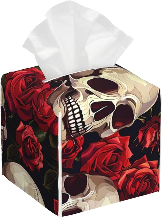 Rose Halloween Skull Tissue Box Cover, Sugar Skeleton Square Tissue Box Holder PU Leather Tissue Organizer Hand Towel Box Cover Kitchen Desktop Home Office Decorative - sugar skull beach towel
