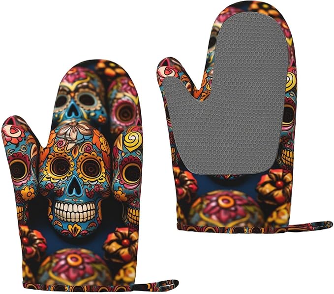 Oven Mitts Set of 2 Silicone Oven Glove for Cooking Colorful Sugar Skulls Oven Mitt Heat Resistant Non-Slip Oven Gloves for Kitchen Grilling Microwave Baking BBQ - sugar skull oven mitts