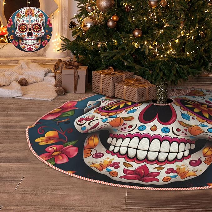48" Christmas Tree Skirt Large Tree Skirt for Christmas Tree Rustic Xmas Tree Skirt Colorful Sugar Skull Christmas Decorations Tree Base Mat Christmas Tree Base Cover Holiday Party Decor - sugar skull christmas decorations