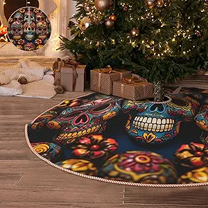 30" Christmas Tree Skirt Large Tree Skirt for Christmas Tree Rustic Xmas Tree Skirt Colorful Sugar Skulls Christmas Decorations Tree Base Mat Christmas Tree Base Cover Holiday Party Decor - sugar skull christmas decorations