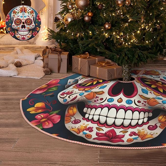 48" Christmas Tree Skirt Large Tree Skirt for Christmas Tree Rustic Xmas Tree Skirt Colorful Sugar Skull Christmas Decorations Tree Base Mat Christmas Tree Base Cover Holiday Party Decor - sugar skull christmas decorations