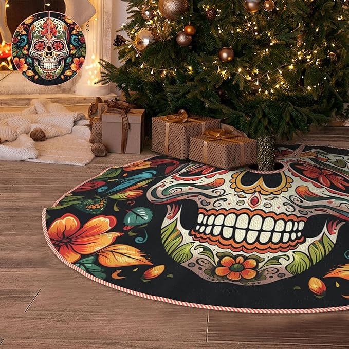 48" Christmas Tree Skirt Large Tree Skirt for Christmas Tree Rustic Xmas Tree Skirt Colorful Sugar Skull Christmas Decorations Tree Base Mat Christmas Tree Base Cover Holiday Party Decor - sugar skull christmas decorations