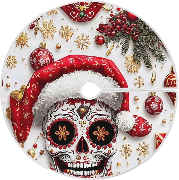 Christmas Sugar Skull Christmas Tree Skirt Large Xmas Tree Decoration 48 inch Holiday Burlap Tree Mat Cover for 4 ft Trees - sugar skull christmas decorations