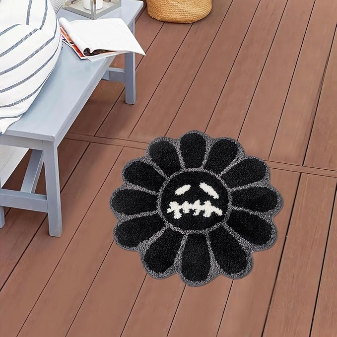 Halloween Bath Mat - Trippy Gothic Flower Rug 2FT Cool Bedroom Rugs Horror Skull Decor Ultra Soft Fluffy Shower Mat Non-Slip Bath Mats Cartoon Smile Face Rug for Bedroom (Black, 2FT) - sugar skull area rug