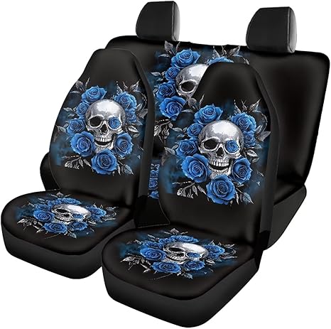 Car Seat Protector Full Set for Women Men, Skull Rose Front Seat Rear Backrest Cover Comfortable Rear Bottom Bench Cover Non Slip Universal Fit for Trucks Sedan SUV - sugar skull car pet seat cover