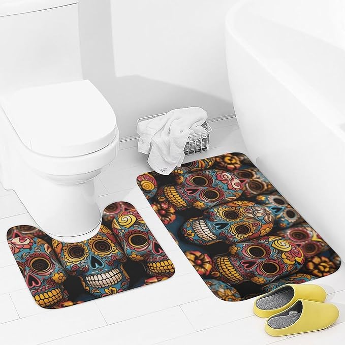 Bathroom Rugs Sets 2 Piece Bath Mat Soft Absorbent Microfiber Bath Rugs and U-Shaped Contour Toilet Rug Non-Slip Bath Carpet Colorful Sugar Skulls Floor Mats for Bathroom - sugar skull floor mat