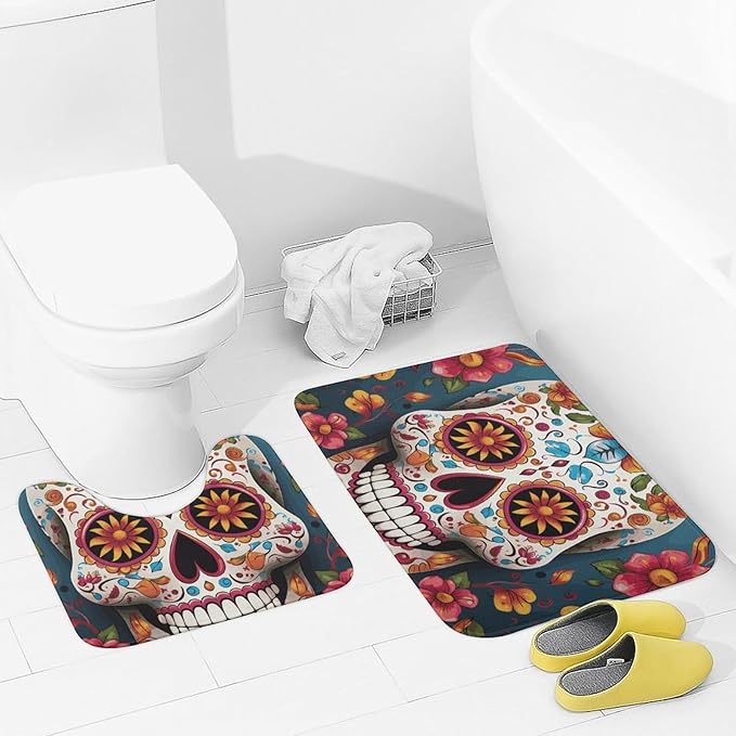 Bathroom Rugs Sets 2 Piece Bath Mat Soft Absorbent Microfiber Bath Rugs and U-Shaped Contour Toilet Rug Non-Slip Bath Carpet Colorful Sugar Skull Floor Mats for Bathroom - sugar skull floor mat