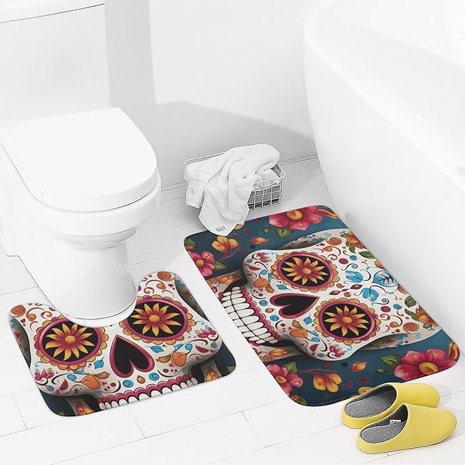 Bathroom Rugs Sets 2 Piece Bath Mat Soft Absorbent Microfiber Bath Rugs and U-Shaped Contour Toilet Rug Non-Slip Bath Carpet Colorful Sugar Skull Floor Mats for Bathroom - sugar skull floor mat