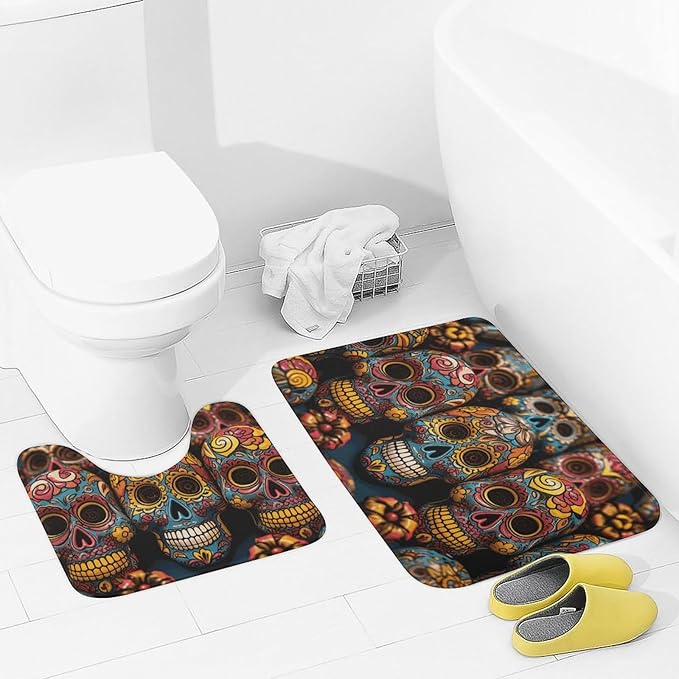 Bathroom Rugs Sets 2 Piece Bath Mat Soft Absorbent Microfiber Bath Rugs and U-Shaped Contour Toilet Rug Non-Slip Bath Carpet Colorful Sugar Skulls Floor Mats for Bathroom - sugar skull floor mat