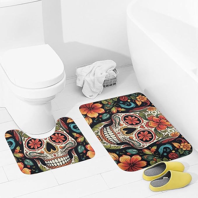 Bathroom Rugs Sets 2 Piece Bath Mat Soft Absorbent Microfiber Bath Rugs and U-Shaped Contour Toilet Rug Non-Slip Bath Carpet Colorful Sugar Skull Floor Mats for Bathroom - sugar skull floor mat
