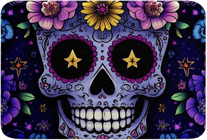 Sugar Skull Bathroom Rugs,Goth Skeleton Bones Doormats Floor Mats 16"X 24" for Kids,Gothic Bohemian Floral Bath Mat,Halloween Horror Theme Entryway Rug for Boys Girls Teens Bedroom,Purple Decor - sugar skull floor mat