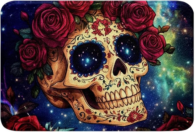 Erosebridal Sugar Skull Bathroom Rugs Gothic Skeleton Bones Bath Mat,Red Romantic Rose Doormats Floor Mats,Halloween Horror Theme Non Slip Bath Rug for Kids Boys Girls Teens Room Decor 16"X 24" - sugar skull toilet mat set