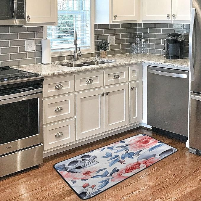 Christmas Kitchen Rugs Skeleton Skull Sugar Pink Rose Non Slip Soft Kitchen Mats Floor Anti Fatigue Bath Rug Runner Doormats Carpet for Xmas Home Decor 39" X 20" - sugar skull area rug