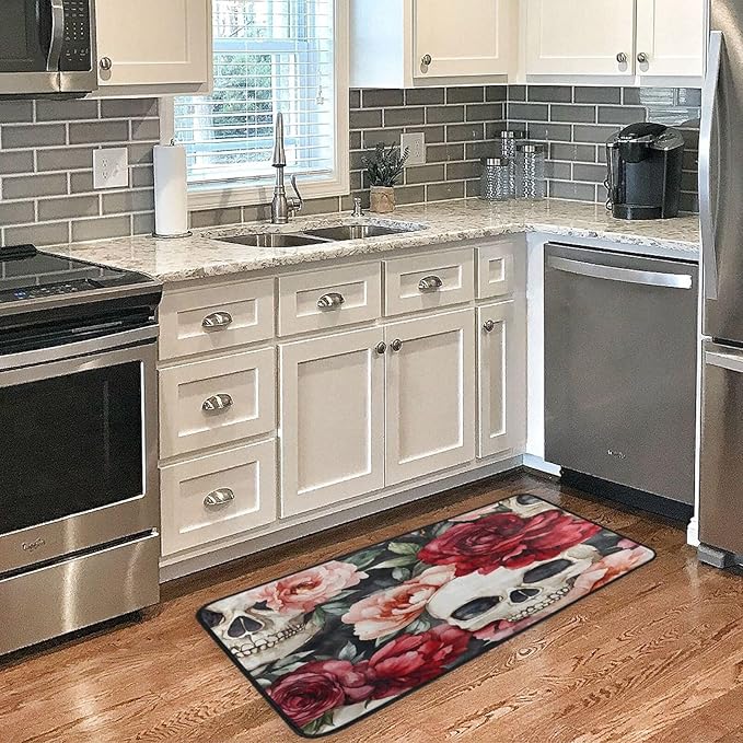 Christmas Kitchen Rugs Skeleton Skull Sugar Rose Non Slip Soft Kitchen Mats Floor Anti Fatigue Bath Rug Runner Doormats Carpet for Xmas Home Decor 39" X 20" - sugar skull area rug
