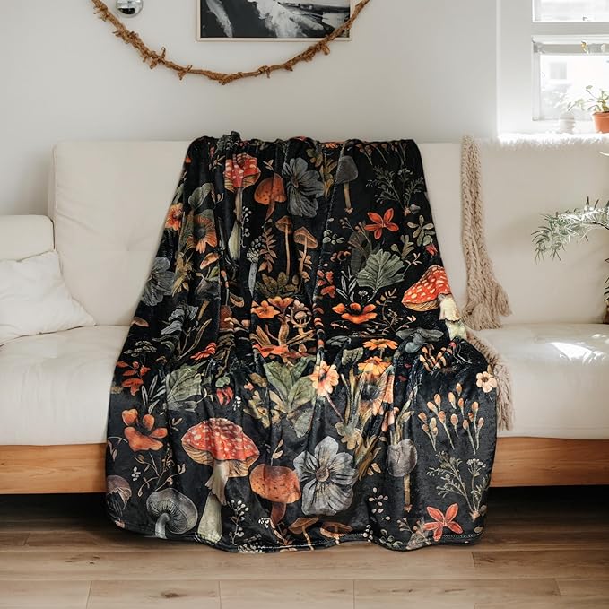 Mushroom Throw Blanket,Cute Fluffy Cozy Fleece Blanket for Couch or Bed, Super Soft Birthday Gift for Women,Kids, Black 50x60 inches - sugar skull throw blanket