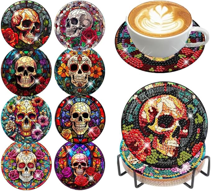 croshom 8 Pcs Diamond Painting Coasters,Skull Diamond Painting Kits,Skull Diamonds Art Coasters,5D DIY Full Drill Diamonds Dots Art Kits for Adults Arts and Crafts Supplies - sugar skull coasters set