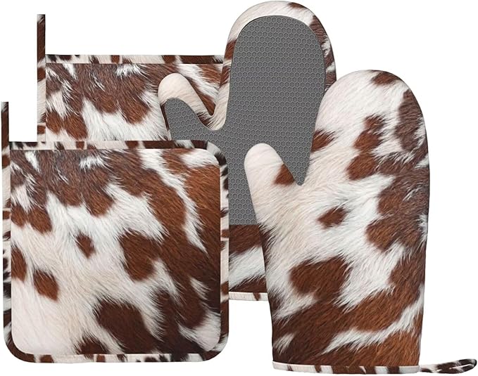 Cow Print Oven Mitts and Pot Holders Set Silicone Heat Resistant Western Farm Brown Cowhide Print Kitchen Gloves Set Rustic Kitchen Mittens Pot Holders for BBQ Cooking Baking Grilling - sugar skull oven mitts