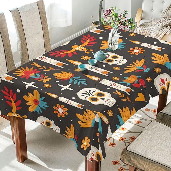 ALAZA Skull Candles Skeleton Sugar Rectangle Tablecloth 54 x 54 Inch Romantic Table Cloth Modern Table Linen Cover for Dining Room Kitchen Party Home Decoration - sugar skull candle holder