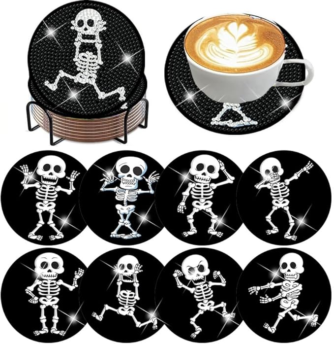 ijbnhd 8 PCS Skull Diamond Art Coasters Diamond Painting Coasters Kits with Holder Skeleton for Beginners Adults Crafts Supplies 4X4inch (Cork Wooden Pad) - sugar skull coasters set